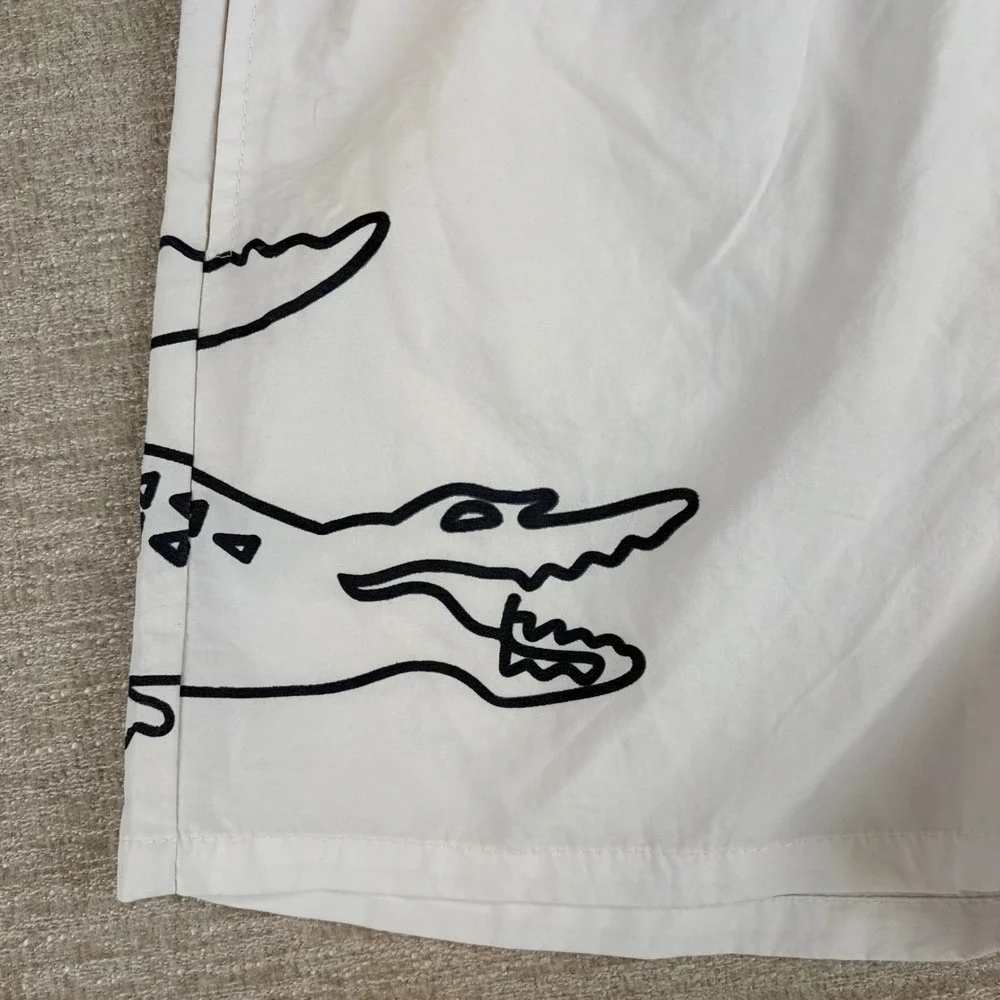 Lacoste L!VE Swim Shorts Mens Medium White Graphic Logo EUC Designer Old Money